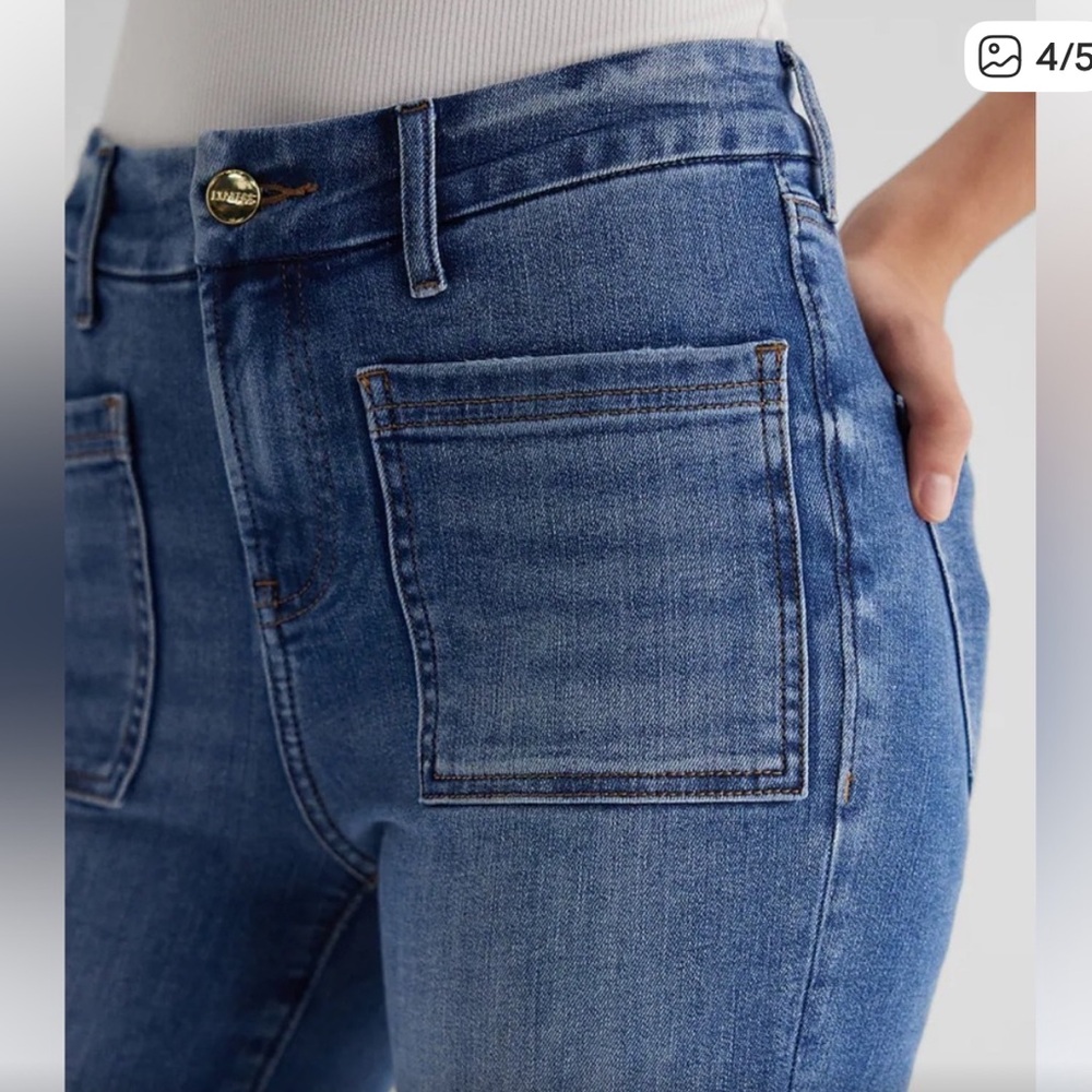 Express Mid Rise FlexX 70’s Flare Denim Jeans in Classic Blue - Picture 3 of 11
